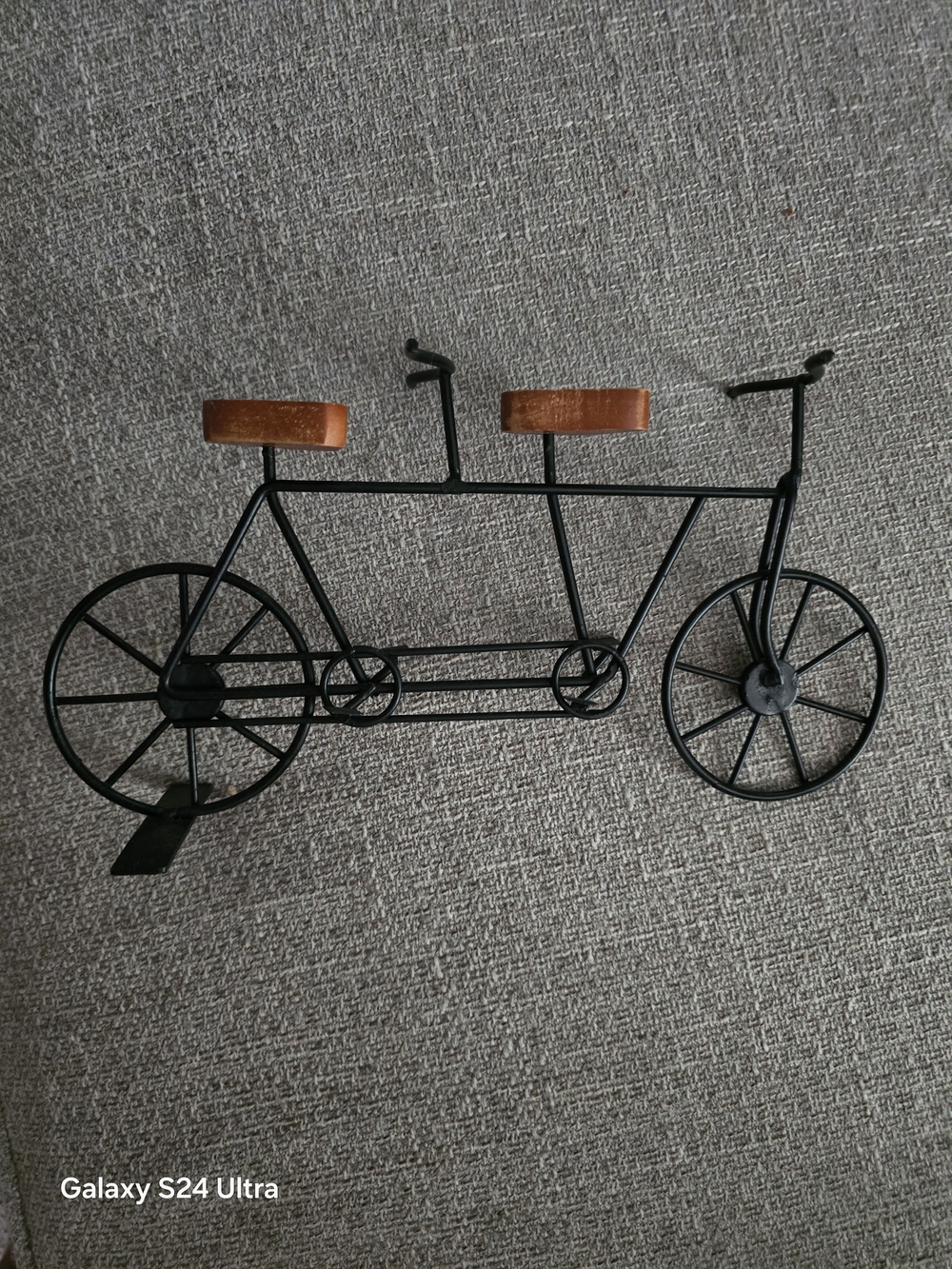 Metal Tandem Bicycle Wall Decor with Brown Seat Accents 14 Inches